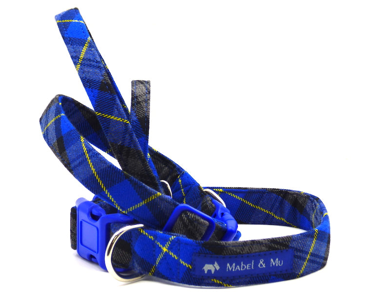 Reservoir Walks Dog collar in royal blue tartan by Mabel & Mu