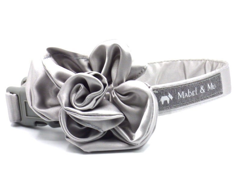 Silver Grey Satin Bridal Dog Collar Flower by Mabel & Mu